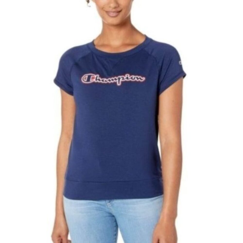 Champion Womens Athletic Navy Blue Phys Ed Logo Tee T-Shirt Size S